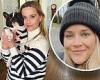 Reese Witherspoon twins with her French Bulldog Minnie in black and white ...