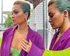 Rita Ora puts on a colourful display in a mesh bra with blue hair as she ...