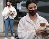 Lucy Hale dons warm beige sweater and blue leggings as she grabs coffee at ...