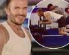 David Beckham shows off his tattooed physique in a white vest as he works up a ...