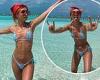 Megan McKenna shows off her toned physique in blue string bikini as she larks ...
