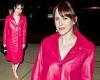 Rachel Brosnahan is pretty in pink as she models a leather coat with strappy ...