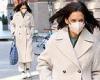 Katie Holmes shows off elegant street style in cream coat and matching slacks ...