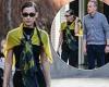 Bella Hadid wears star-patterned yellow and navy shawl as she steps out with ...