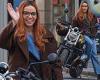Batgirl's Leslie Grace shows off auburn tresses and sits on a motorbike as she ...
