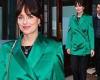 Dakota Johnson exudes style in a bright green satin blazer while exiting her ...