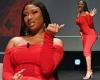 Thursday 23 June 2022 06:20 PM Megan Thee Stallion stuns in a figure-hugging red midi dress at Cannes Lions ... trends now