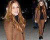Jessica Chastain cuts casual chic figure in brown jacket and matching slacks ... trends now