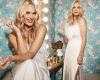 Molly Sims models a slinky silk dress with feathers on her chest trends now