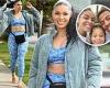 Jordin Sparks flaunts midsection in blue camouflage athleisure wear in LA trends now