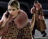 Emma Roberts bundles up in elaborate cheetah print coat with blush fur trim trends now