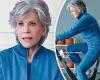 Jane Fonda hops on an exercise bike wearing a bright blue tracksuit to promote ... trends now