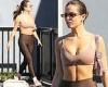 Addison Rae shows off toned midriff in plunging beige sports bra and leggings ... trends now