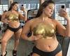 Ashley Graham covers her cleavage with a golden bust for lingerie shoot trends now