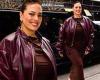 Ashley Graham cuts a stylish figure in curve-clinging dress and plum bomber ... trends now