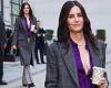 Courteney Cox flashes her cleavage and a lacy bra in a low-cut purple shirt as ... trends now