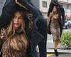 Sofia Vergara stuns in leopard-print midi dress and holds coat over her head as ... trends now