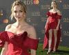 Jodie Comer puts on a VERY leggy display in a red mini dress at the Olivier ... trends now