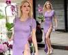 Joy Corrigan goes braless in a barely-there lilac dress with a thigh split trends now