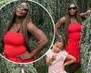 Serena Williams cradles her baby bump in a red sundress as she spends time with ... trends now