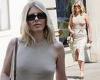 Mollie King goes braless in a nude knitted top and a matching linen skirt trends now