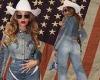 Beyonce goes double denim with a cowboy hat and American flag scarf... just ... trends now