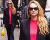 Jennifer Lawrence stands out in a red crewneck sweatshirt and black blazer as ... trends now