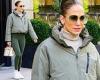 Jennifer Lopez is casual in tight green leggings and a pale green jacket as she ... trends now