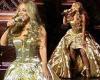 Mariah Carey turns heads in a dramatic gold floor-length gown and diamante ... trends now