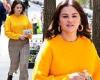 Selena Gomez stands out in bright yellow sweater with brown plaid trousers as ... trends now