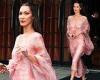 Bella Hadid exudes retro glam in flowy pink dress with a plunging neckline ... trends now
