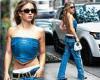 Sydney Sweeney turns heads in a backless denim tube top while arriving in NYC ... trends now