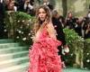 Jessica Biel goes braless beneath plunging pink feather-adorned gown as she ... trends now